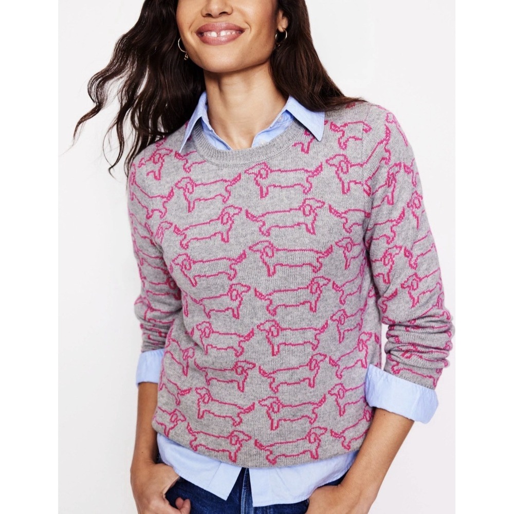 Boden Gray Pink Dachshund Dog Jacquard Wool Blend Jumper Sweater Women L Preppy